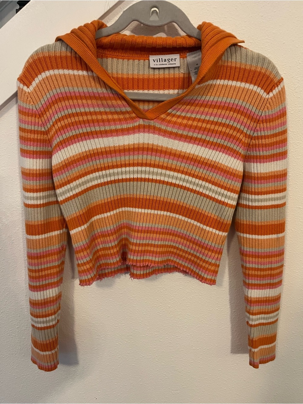 villager Striped Ribbed Hooded Top — Orange, Cream & Pink